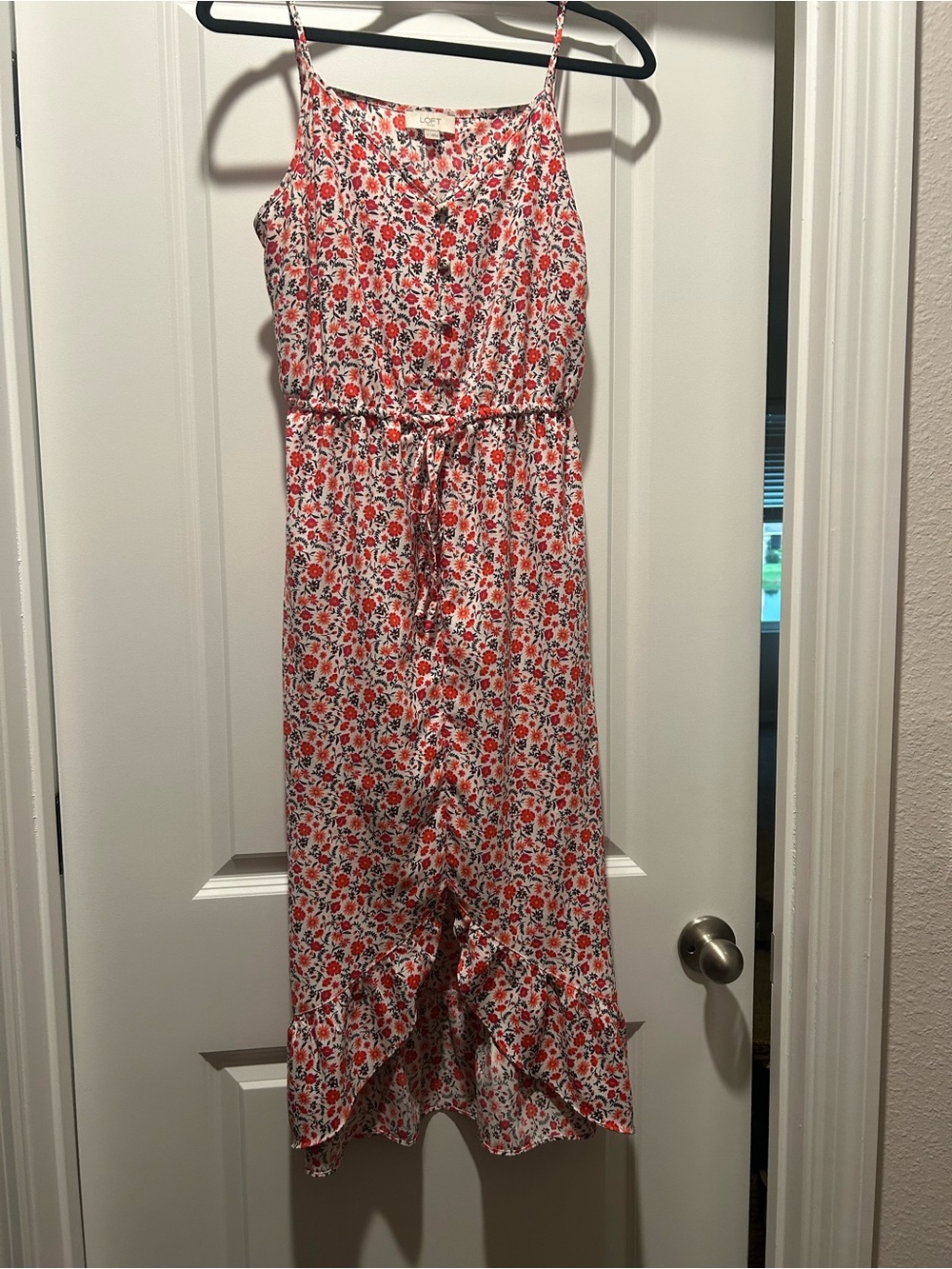 LOFT White and Red Floral Tie-Waist Midi Dress